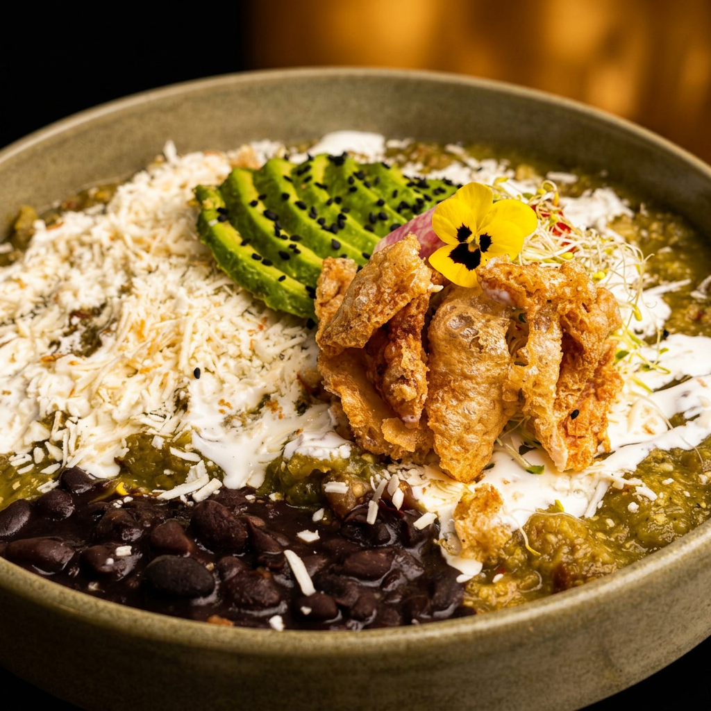Chilaquiles verdes con aguacate, queso, chicharrón, frijoles y crema
