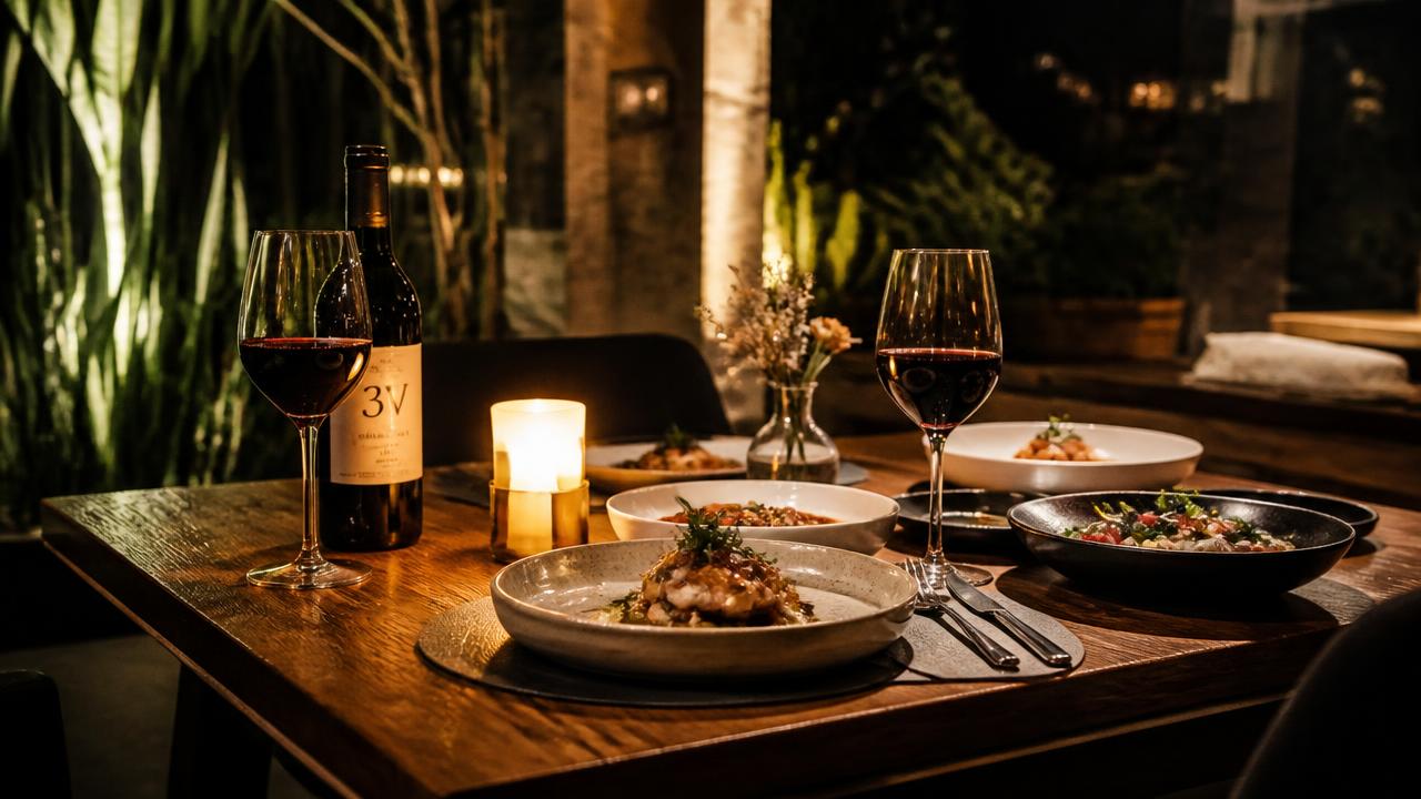 Mesa de cena en un restaurante en Cuernavaca con platillos, copas de vino y ambiente cálido