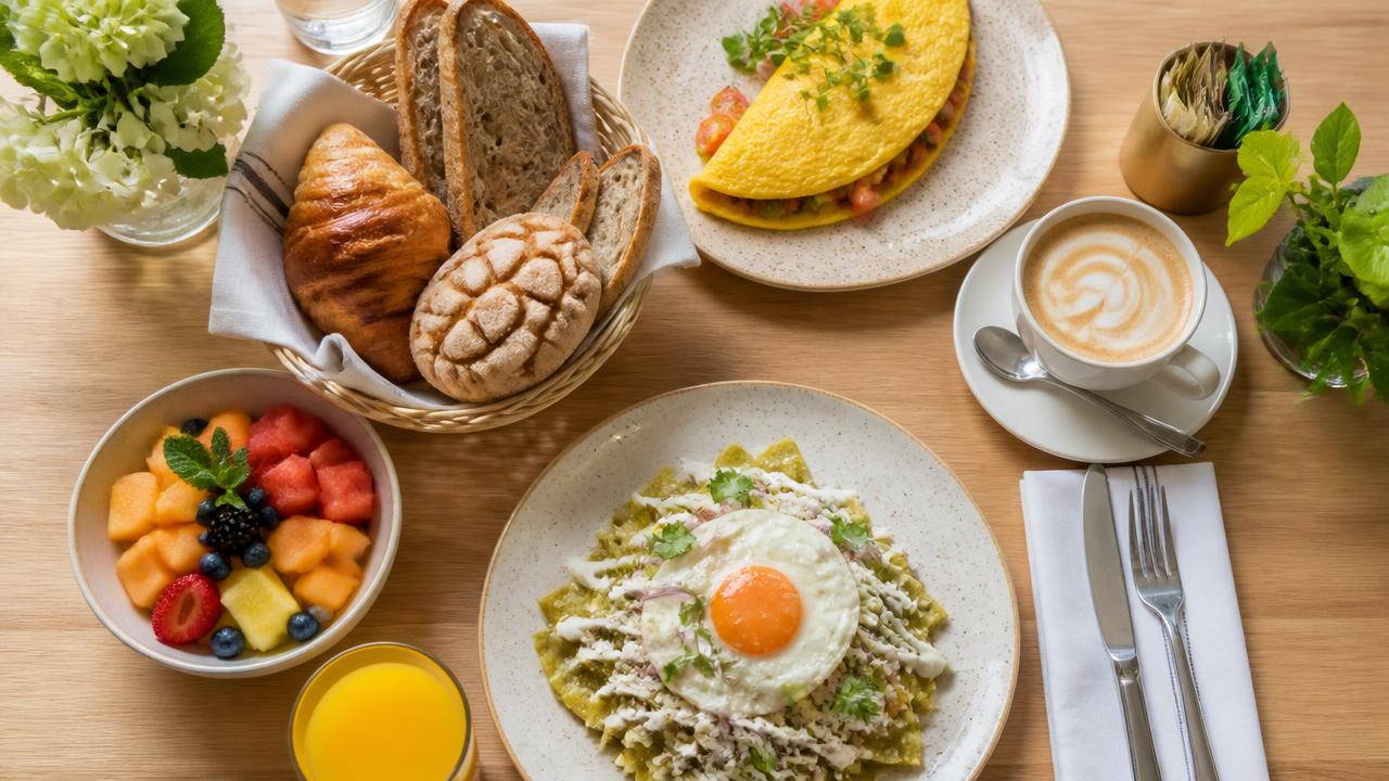 Mesa de desayuno y brunch en un restaurante en Cuernavaca con café, omelette, chilaquiles y fruta