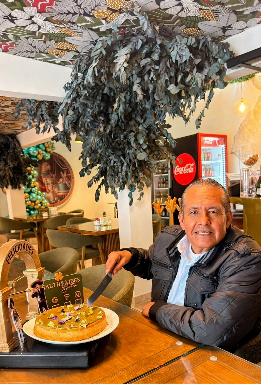 Cliente celebrando con pastel en Healthy Vibes Bistro