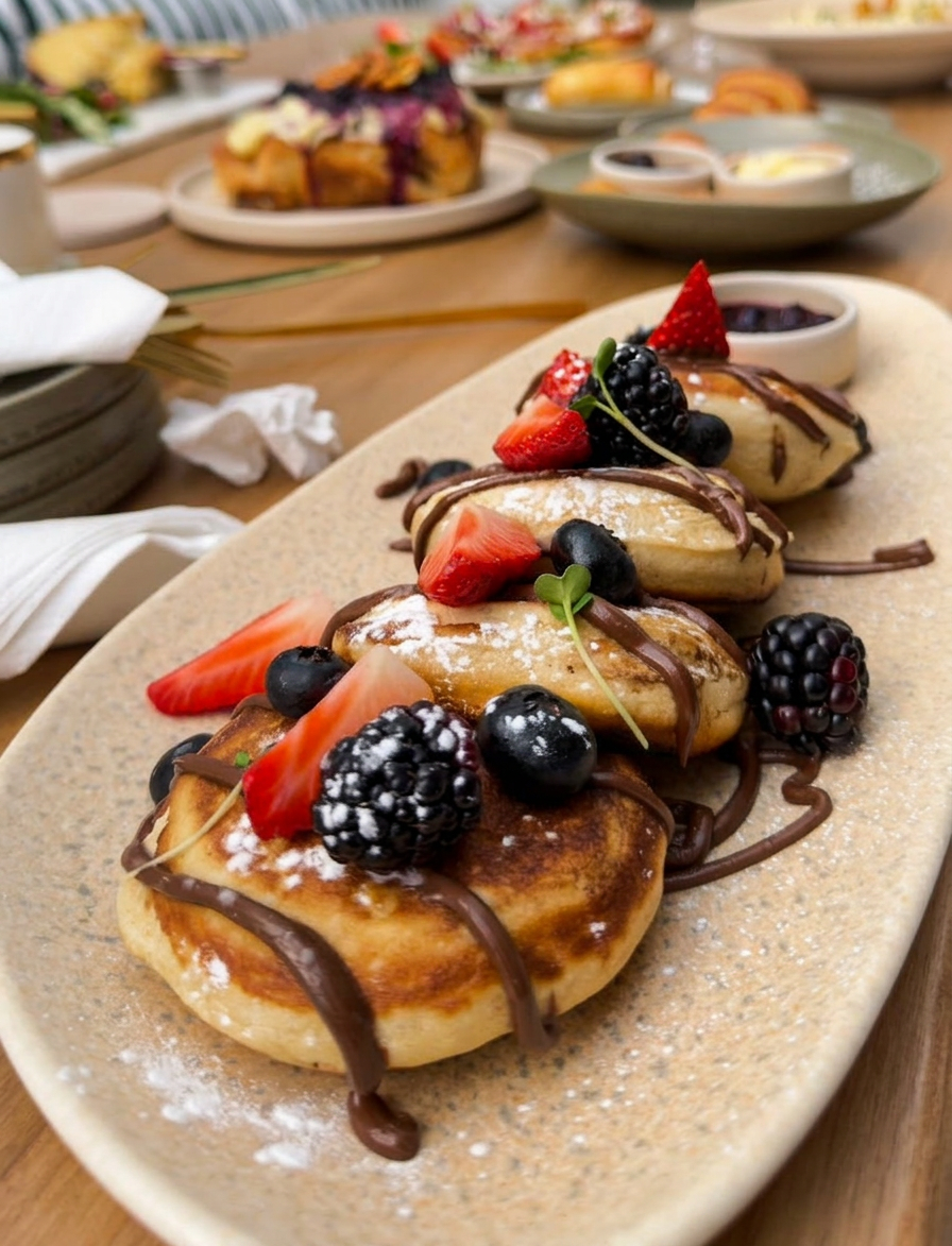Mini hot cakes con berries frescos y chocolate