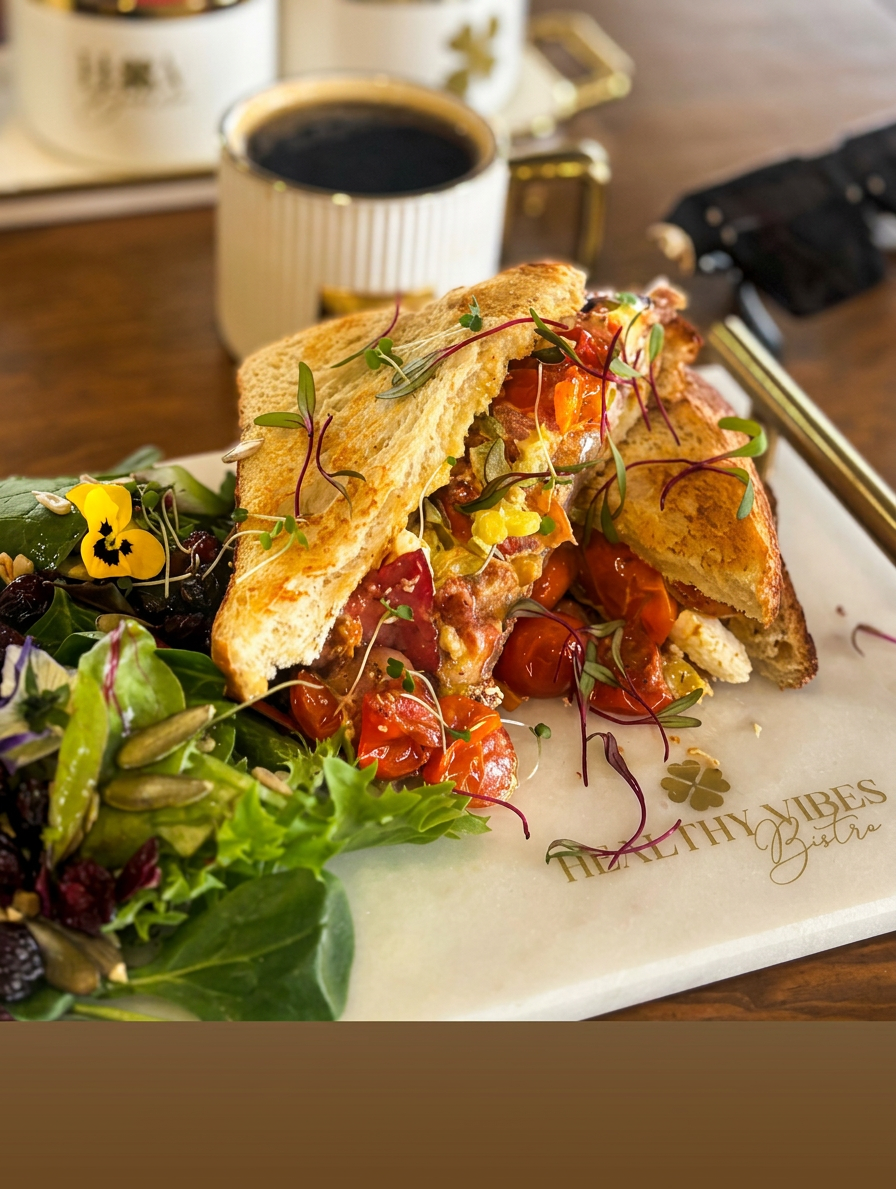 Sándwich artesanal con tomates rostizados, ensalada y café