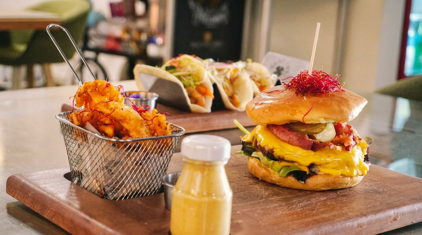 Hamburguesa gourmet, papas a la francesa y tacos en mesa de restaurante