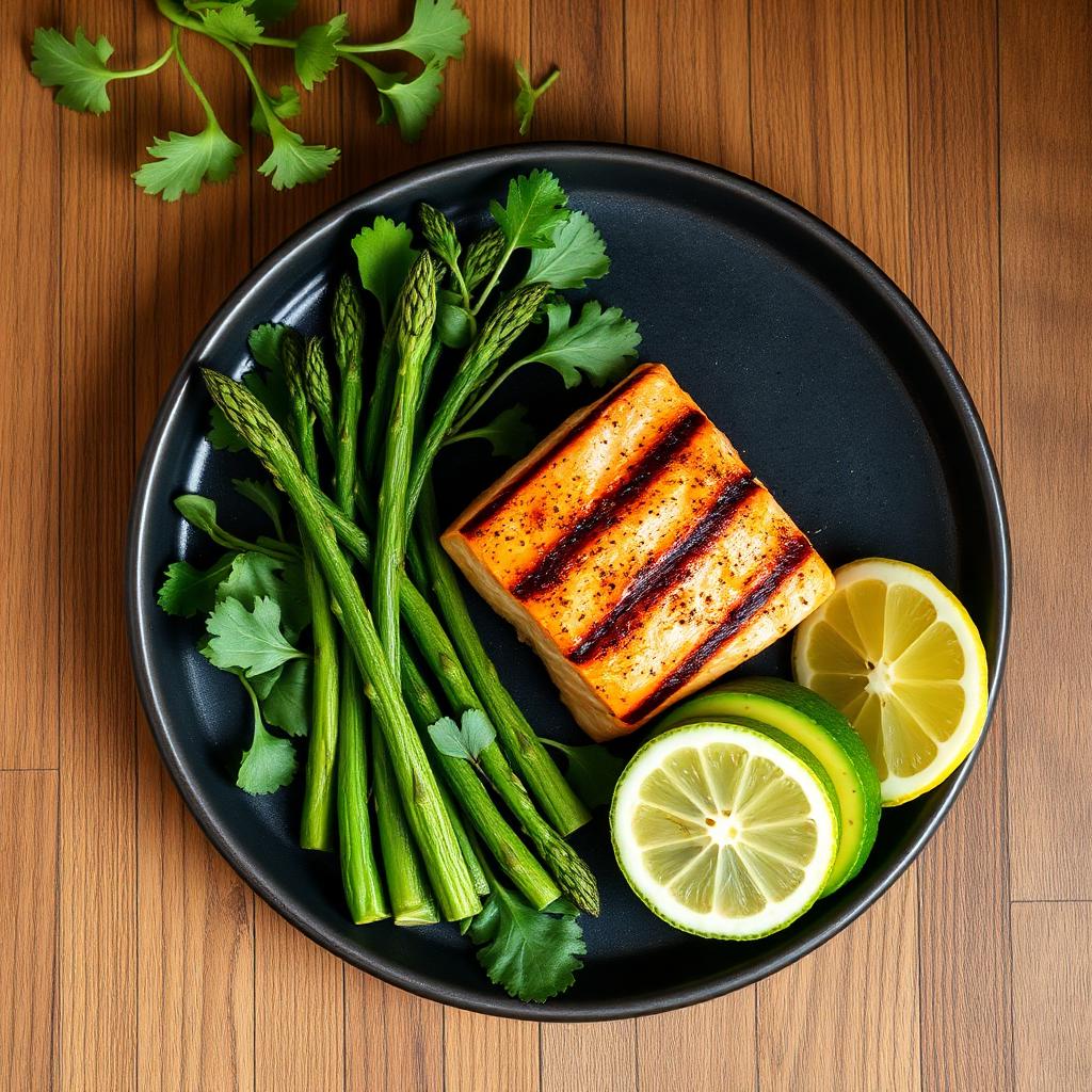 Plato keto con salmón a la parrilla y vegetales