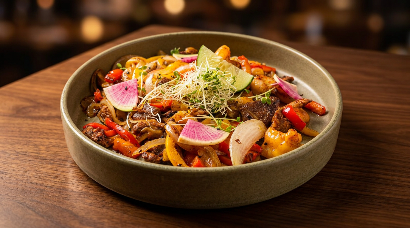 Bowl gourmet con arrachera, camarón, pimientos, cebolla, rábano y brotes frescos